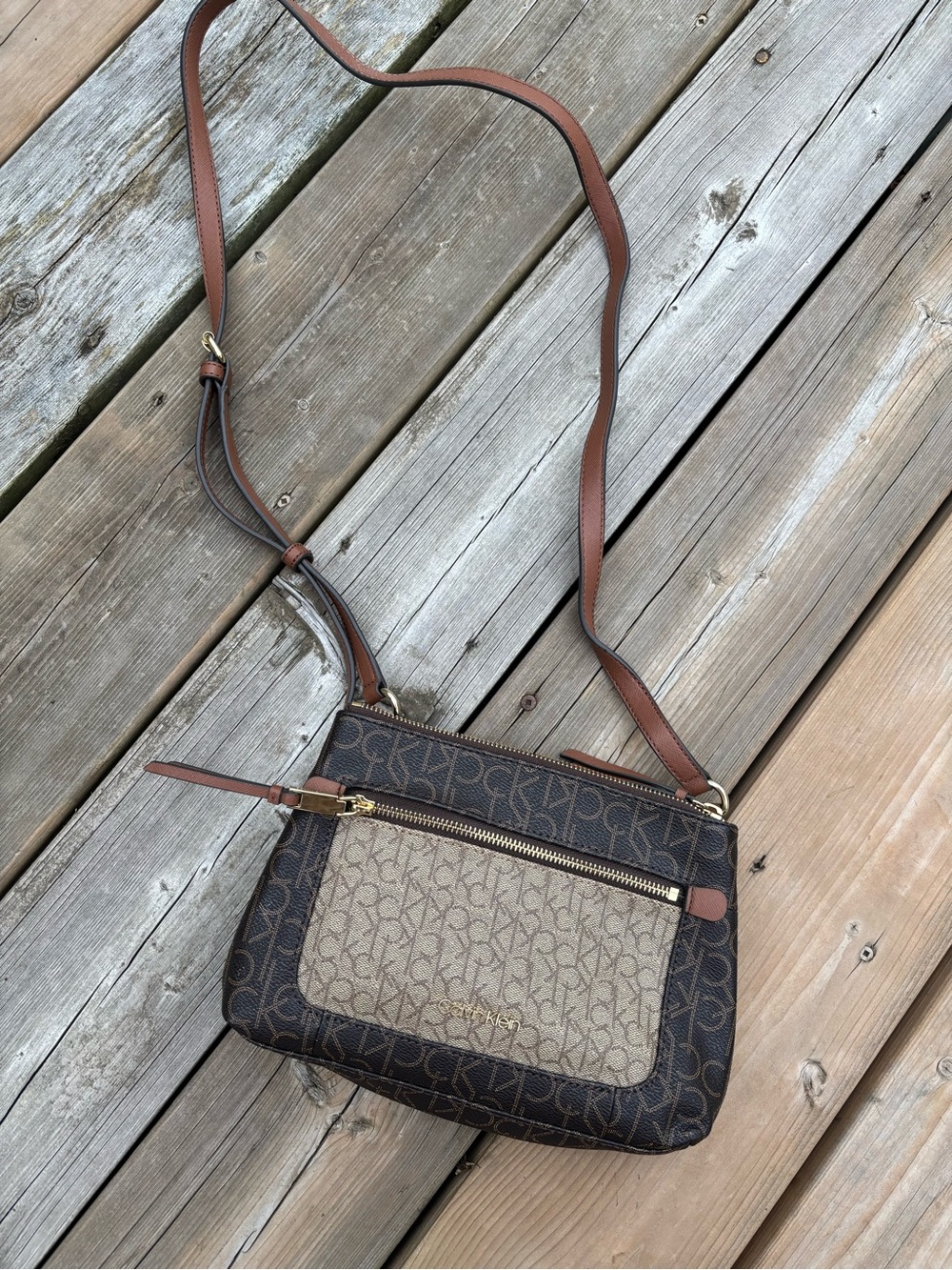 Calvin Klein Brown & Tan Monogram Crossbody Bag
